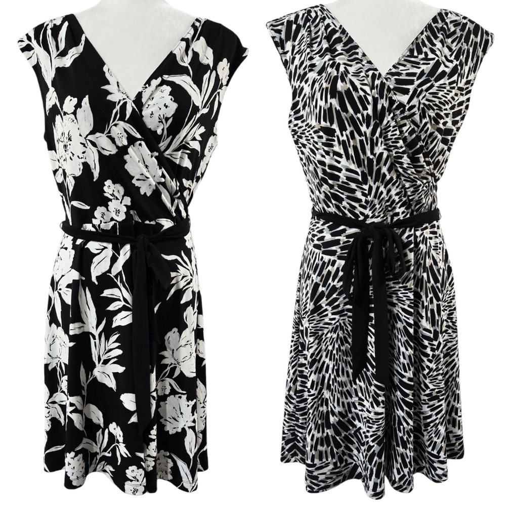 White House Black Market Reversible Black Floral Belted Surplice Neck Dress